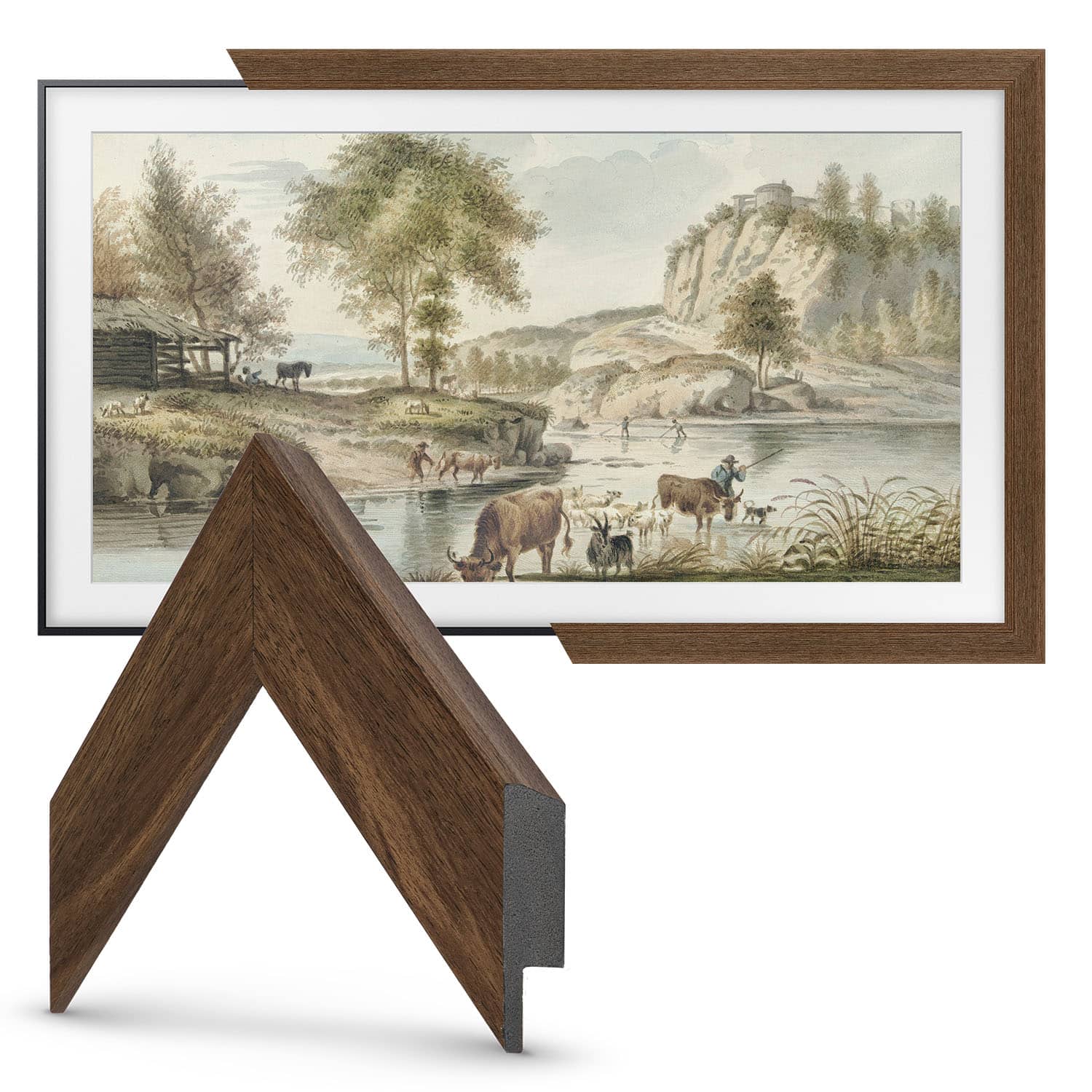 Left. Deco TV Frames - 50" Slim Bezel for Samsung The Frame TV - Museum Walnut.