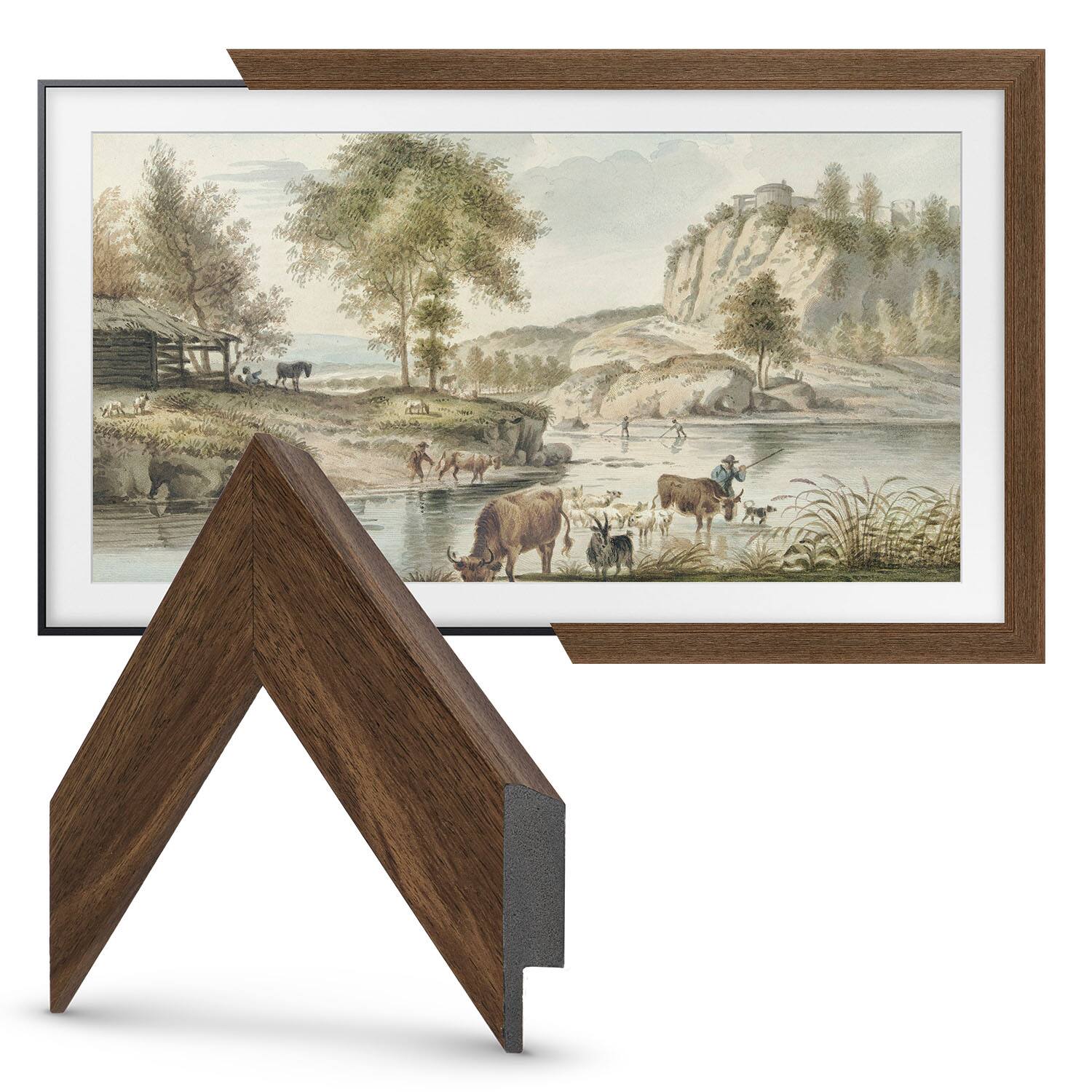 Left. Deco TV Frames - 85" Slim Bezel for Samsung The Frame and Frame Pro TV - Museum Walnut.
