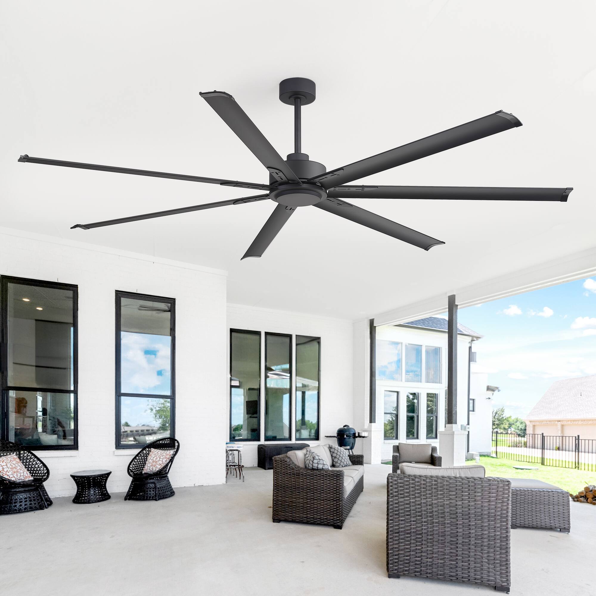 Left. Breezary - 84-Inch Large Quiet Industrial Ceiling Fan with DC Motor, 7 Aluminum Blades, Remote Control, Downrod Mount, 6 Speeds - Black.
