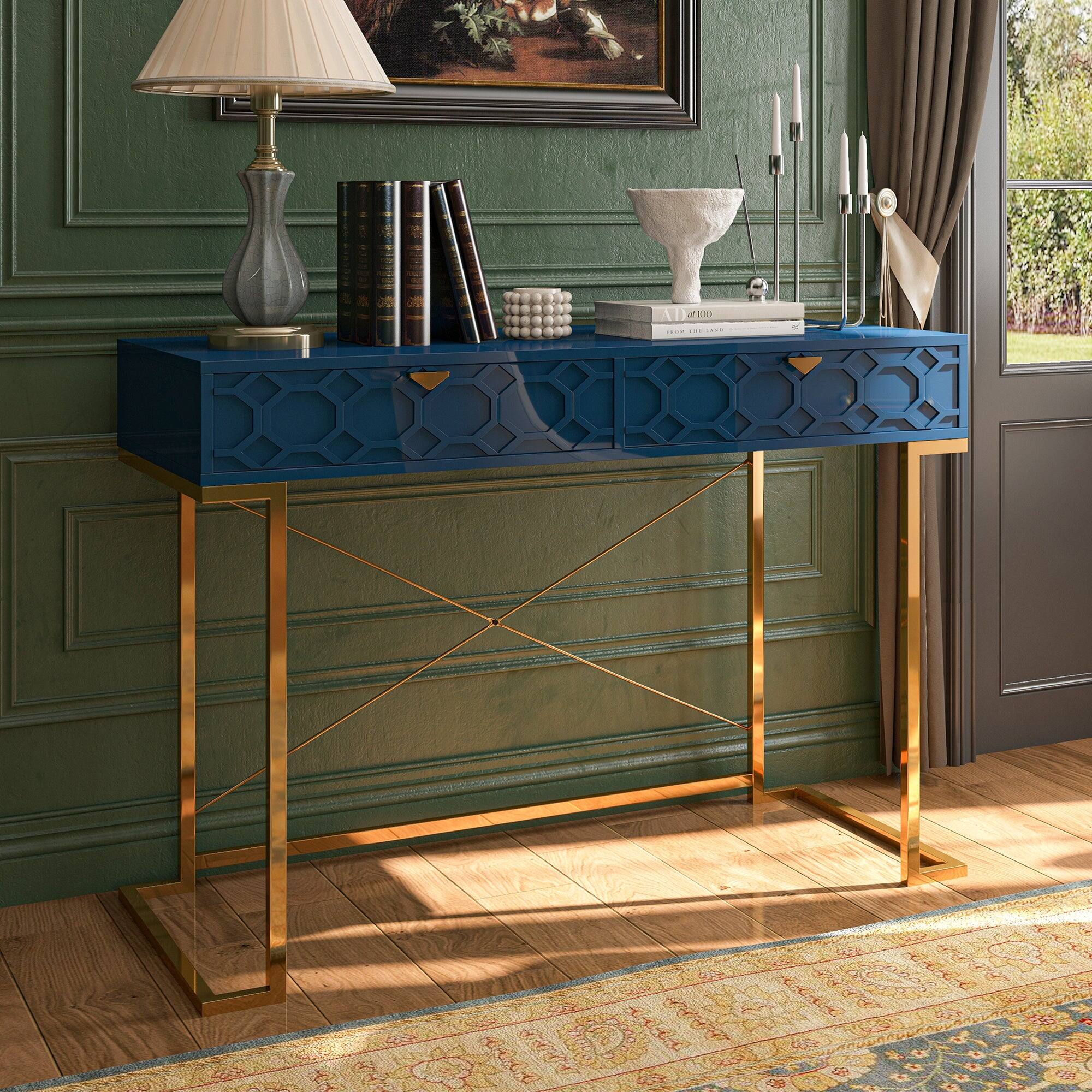 Alt View 8. Boyel Living - 42 in. Rectangular Blue Solid Wood Writing Desk with Metal Stand - Blue.