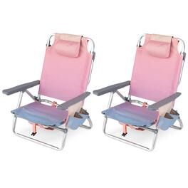 Costway - 2PCS Beach Chairs with 5-Position Backrest & Padded Headrest, Cup Holder & Ice Bag - Gradient Pink