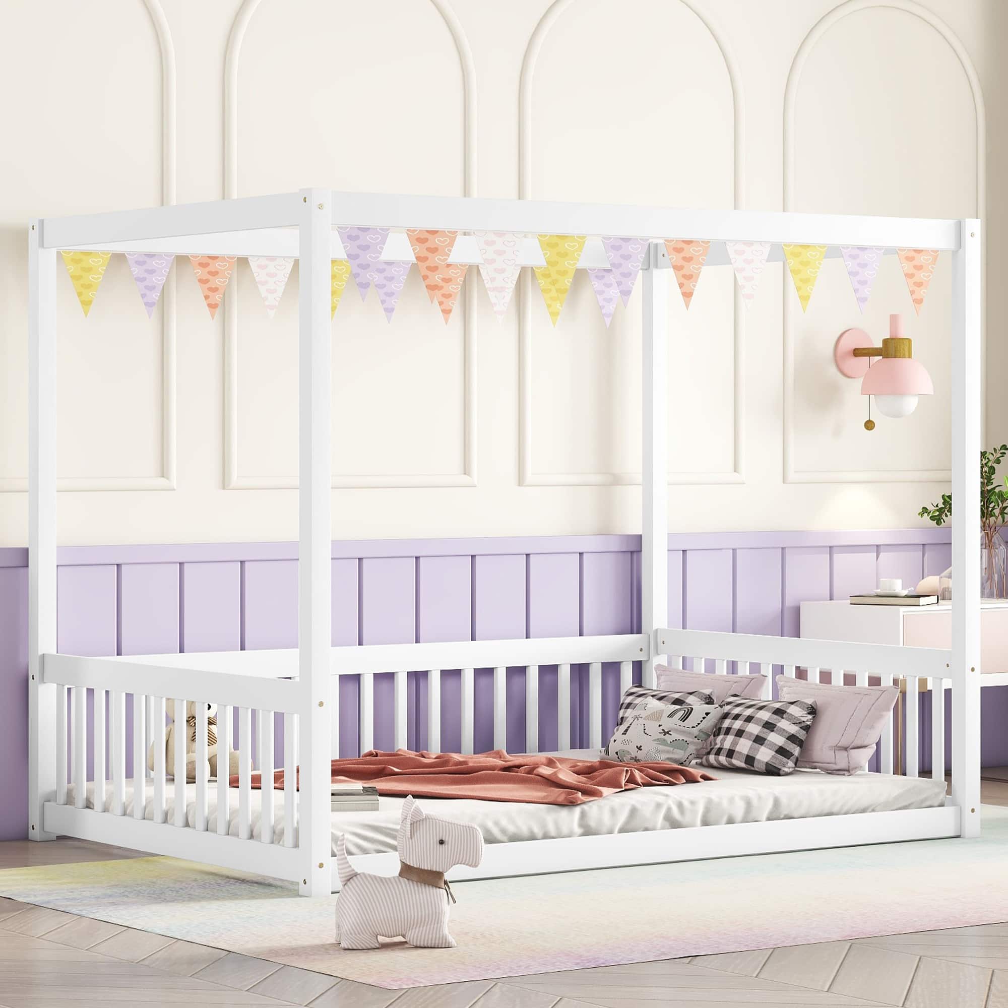 Tiramisubest - Full Size Canopy Frame Floor Bed with Fence, Guardrails,White - White