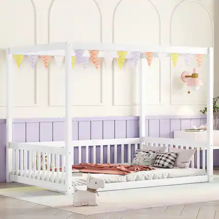 Front. Tiramisubest - Full Size Canopy Frame Floor Bed with Fence, Guardrails,White - White.