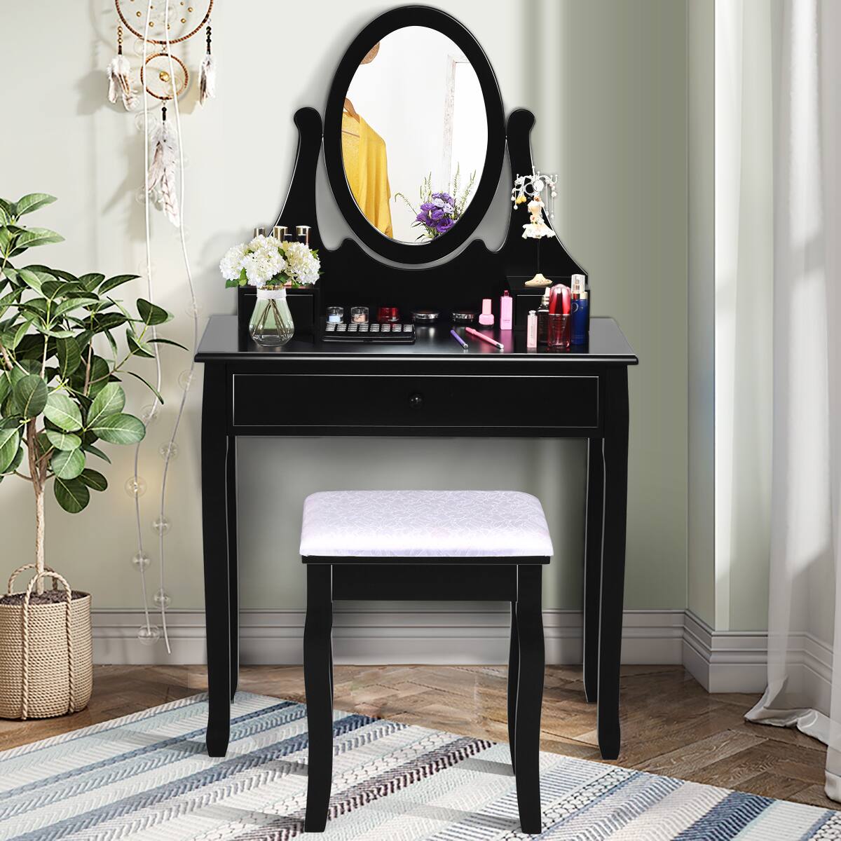Alt View 3. Costway - Costway Wooden Vanity Makeup Dressing Table Stool Set bathroom - black.