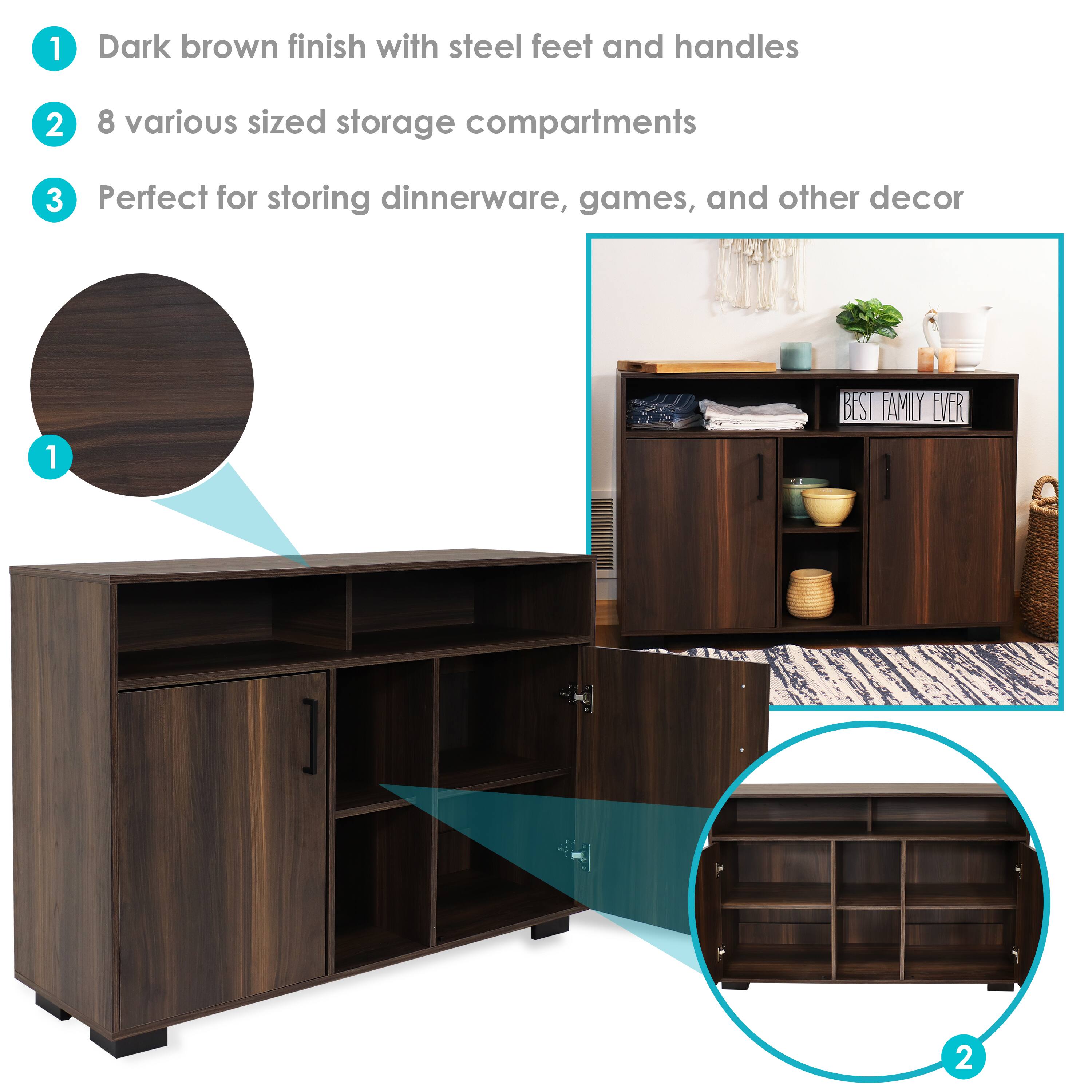 1. Dark brown finish with steel feet and handles
2. 8 various sized storage compartments
3. Perfect for storing dinnerware, games, and other decor