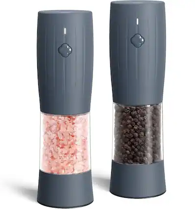 Front. FINEAK - Blue Gray Rechargeable Electric Salt & Pepper Grinder Set with LED Light - Blue.