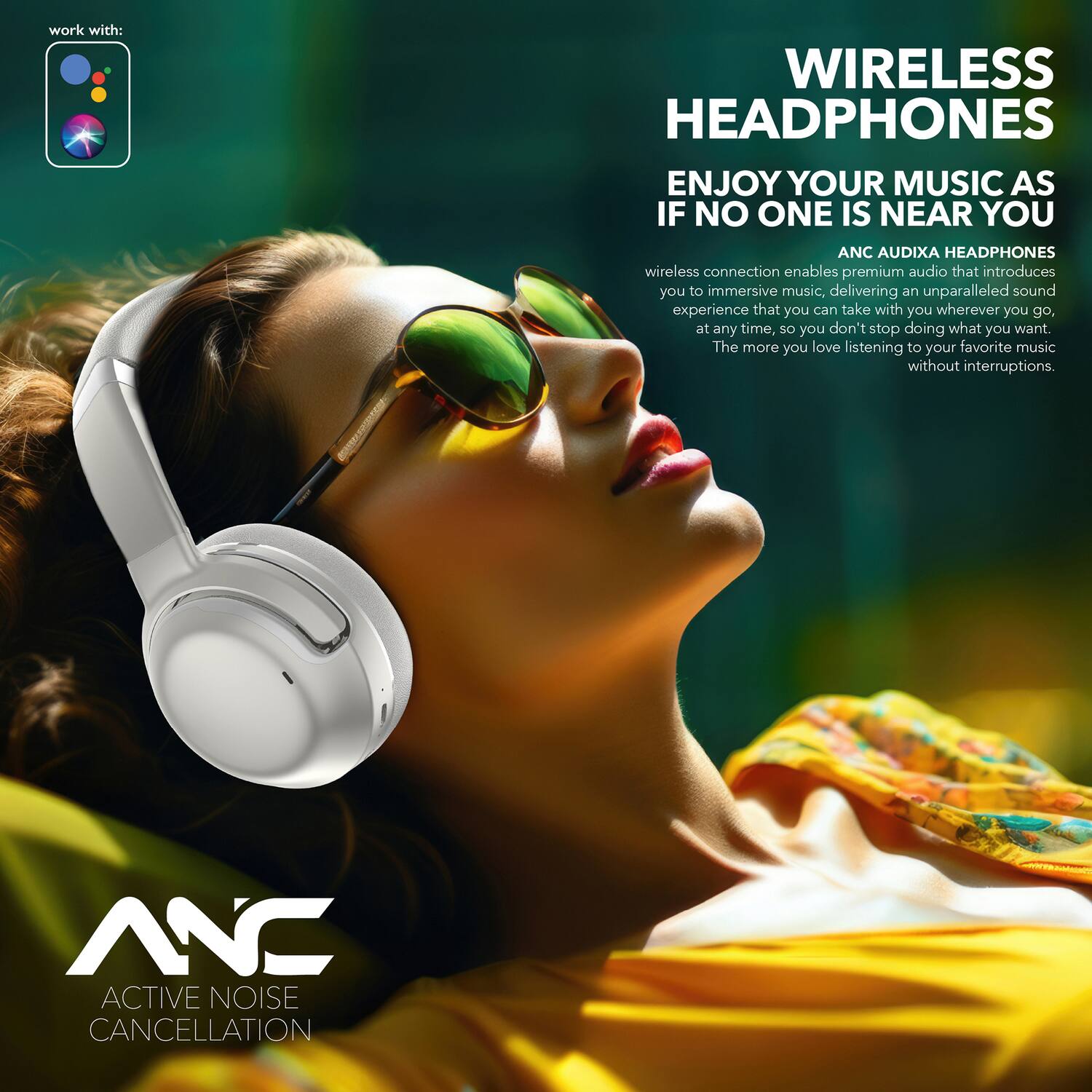 work with: WIRELESS HEADPHONES ENJOY YOUR MUSIC AS IF NO ONE IS NEAR YOU ANC AUDIXA HEADPHONES wireless connection enables premium audio that introduces you to immersive music, delivering an unparalleled sound experience that you can take with you wherever you go, at any time, so you don't stop doing what you want. The more you love listening to your favorite music without interruptions. NNC ACTIVE NOISE CANCELLATION