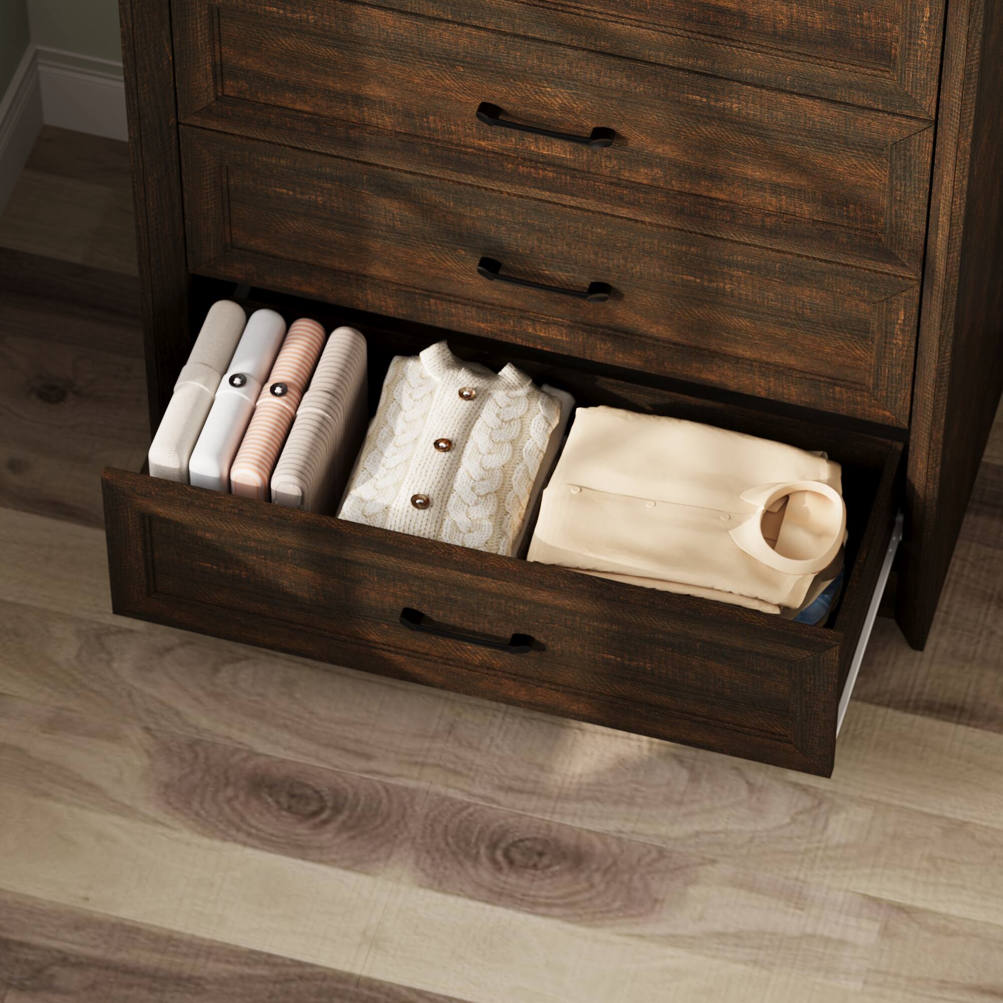 Alt View 8. FUFU&GAGA - Vintage Dark Wood Grain 5-Drawer Dresser, Modern Minimalist Design, Eco-Friendly MDF, Perfect for Bedroom, Living Room - Brown.