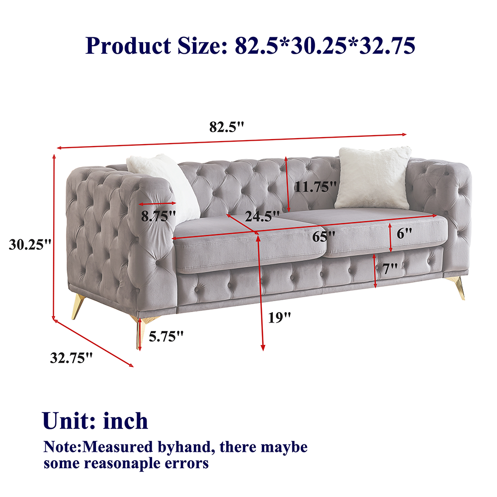 Product Size: 82.5*30.25*32.75

82.5"
11.75"
30.25"
8.75"
24.5"
65"
6"
7"
32.75"
5.75"
19"

Unit: inch

Note: Measured by hand, there may be some reasonable errors