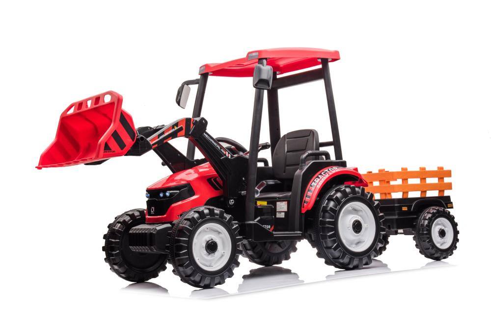 BreeBe - 24V Kids Ride On Tractor with Parent Remote, Pedal Tractor, Working Loader & Backhoe, Electric Vehicle Toy with Trailer - Red