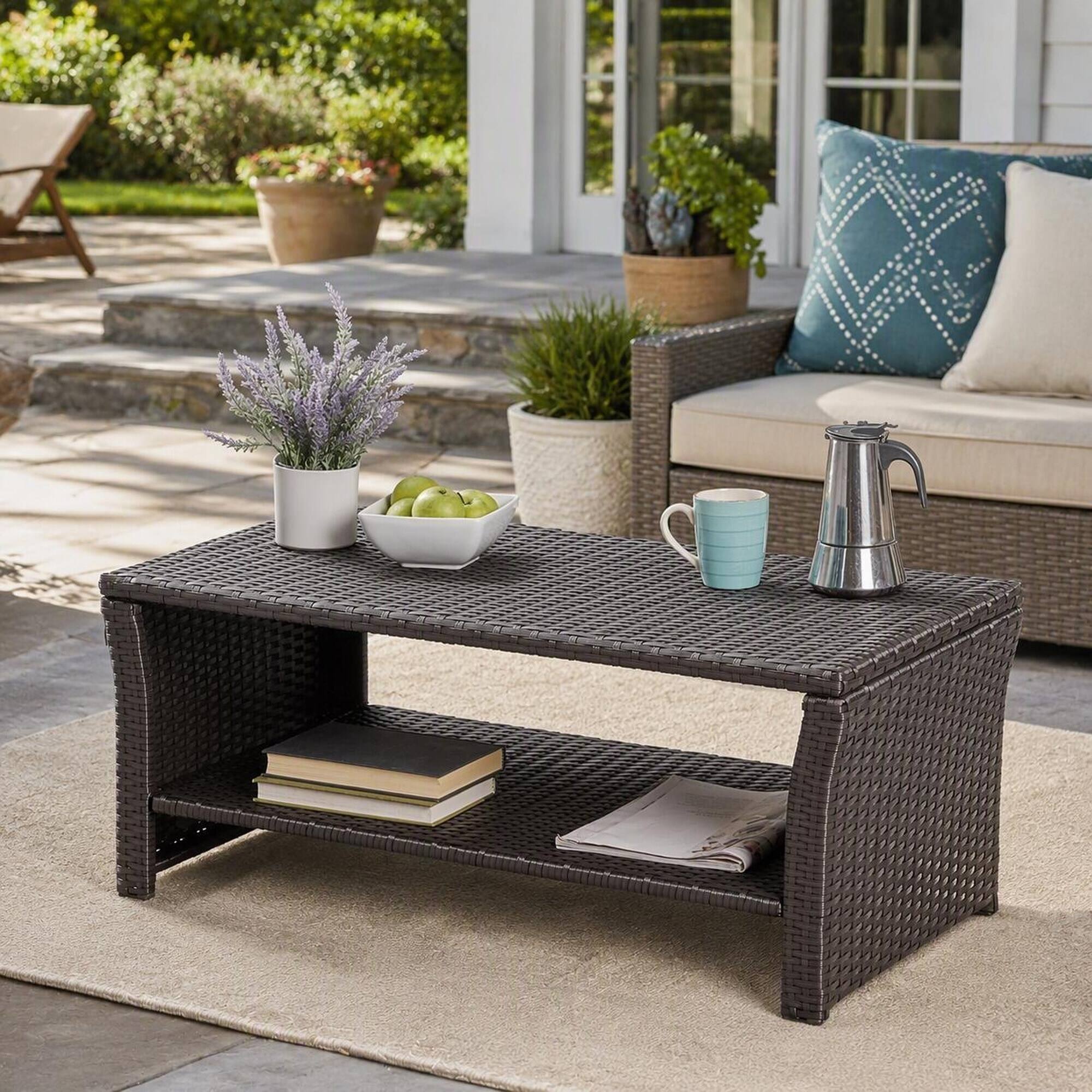 Angle. RYHNUYNE - 2-Tier Outdoor Coffee Table with Storage Shelf,Patio Rattan Furniture,Rectangular Side Table for Garden Deck Porch - Brown.