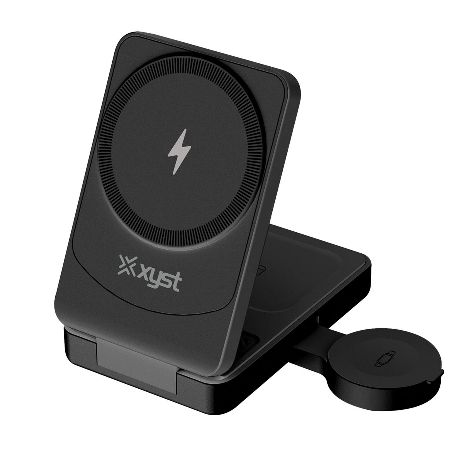 Front. Xyst - MagStation 3-in-1 Foldable Wireless Charging Dock, 15W Fast Charge - Black.