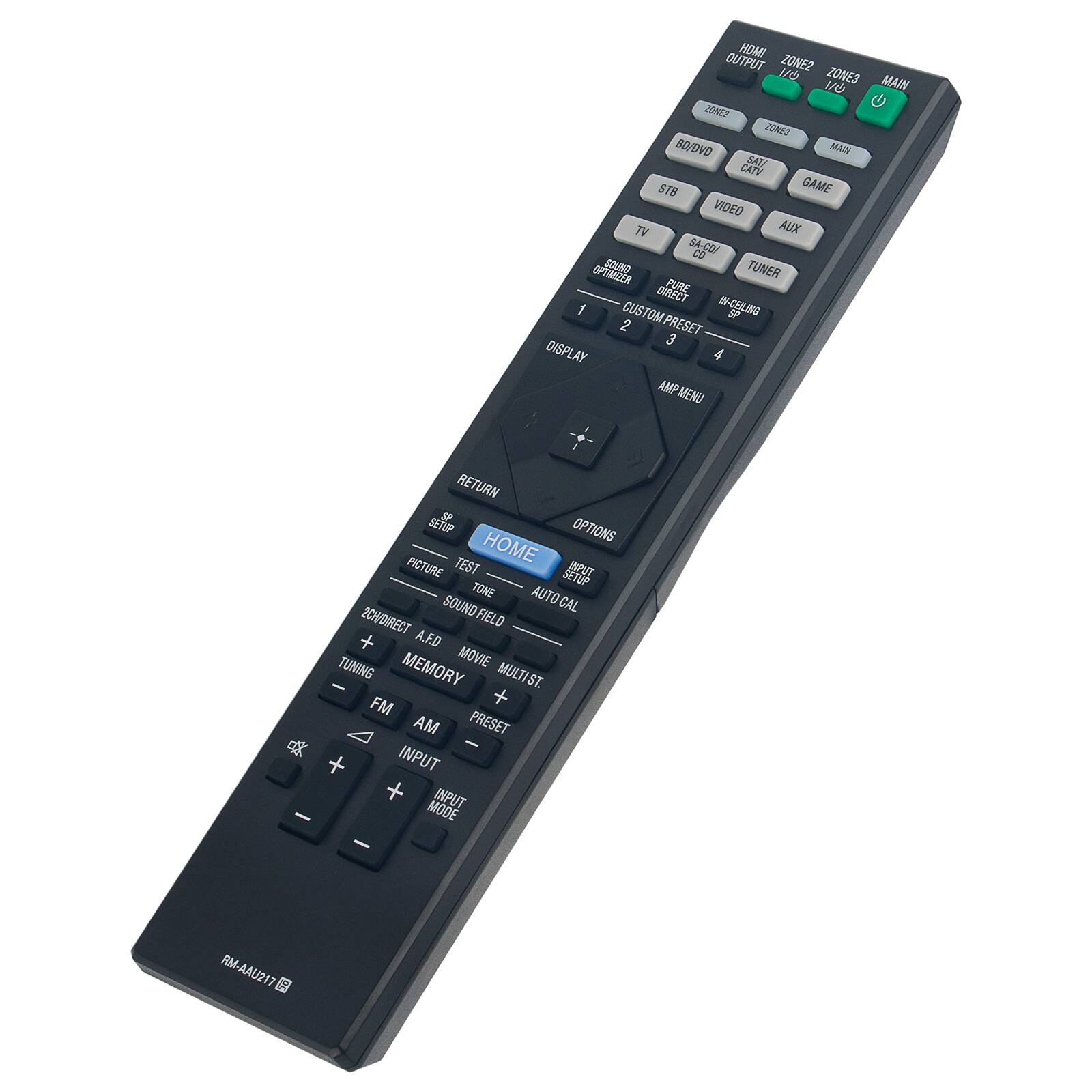 HOMI OUTPUT ZONE2 10 ZONES VO MAIN ZONE2 ZONE3 BO/OVO MAIN BAU CAT STB GAME VIDEO JV AUX SA-CO CO OPTIMIZER SOUND TUNER PURE DIRECT 1 CUSTOM TOM IN-CEILING R 2 PRESET 3 DISPLAY AY 4 AMP MENU RETURN 9 BETOP OPTIONS HOME PICTURE TEST MPUT SETUP TONE AUTOCAL SOUNDFIELD CAL 2CHDIRECT FIELD + A.F.D TUNING MEMORY MOVIE - MULTIST. FM + AM PRESET  INPUT + + INPUT - MODE - RM-AAU217