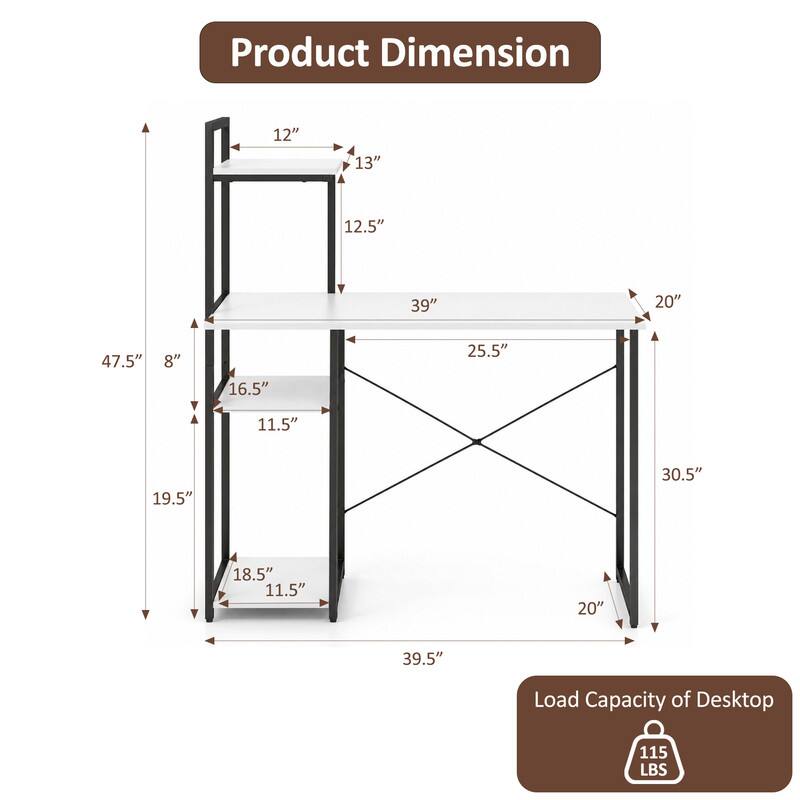 Product Dimension: 12" x 13" x 12.5" x 39" x 20" x 47.5" x 8" x 16.5" x 25.5" x 11.5" x 19.5" x 30.5" x 18.5" x 11.5" x 20" x 39.5"  
Load Capacity of Desktop: 115 LBS