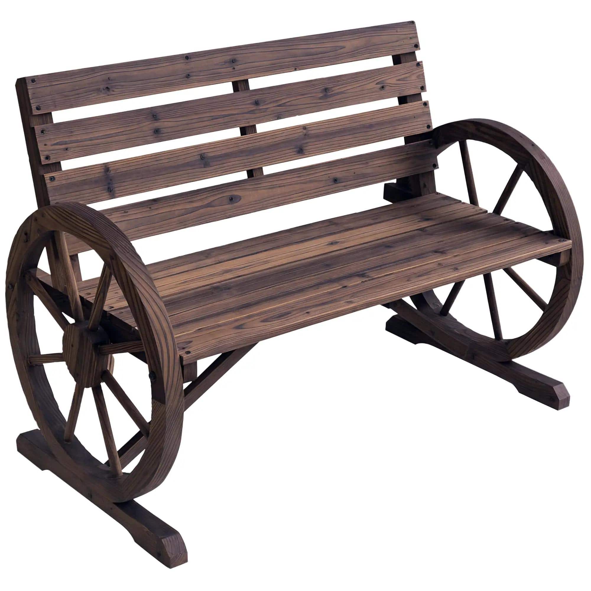 Resenkos - 41" Wooden Wheel Bench, Weatherproof Patio Bench, 2-Slot Seat Bench with Back, Carbonized - Brown