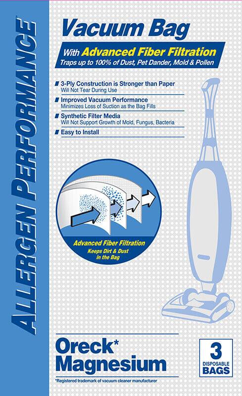 **Vacuum Bag With Advanced Fiber Filtration**

- Traps up to 100% of Dust, Pet Dander, Mold & Pollen
- 3-Ply Construction is Stronger than Paper
- Will Not Tear During Use
- Improved Vacuum Performance
- Minimizes Loss of Suction as the Bag Fills
- Synthetic Filter Media
- Will Not Support Growth of Mold, Fungus, Bacteria
- Easy to Install

**Advanced Fiber Filtration**
- Keeps Dirt & Dust in the Bag

**Oreck Magnesium**
- *Registered trademark of vacuum cleaner manufacturer

**3 Disposable Bags**