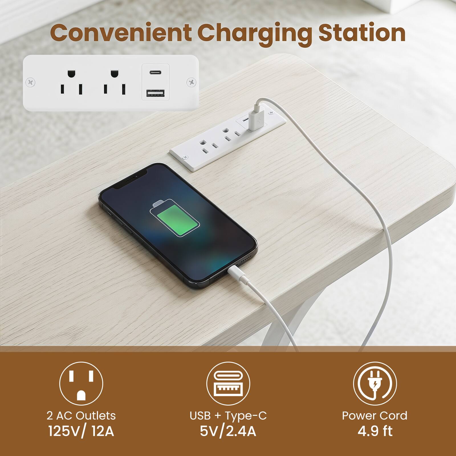 Convenient Charging Station x 2 AC Outlets 125V/12A USB + Type-C 5V/2.4A Power Cord 4.9 ft