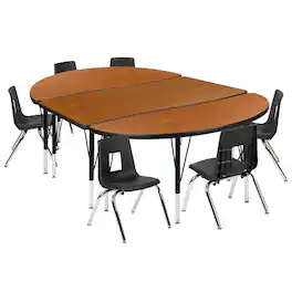 Flash Furniture - Emmy 76" Oval Wave Flexible Laminate Activity Table Set with 12" Student Stack Chairs, Oak/Black - Brown