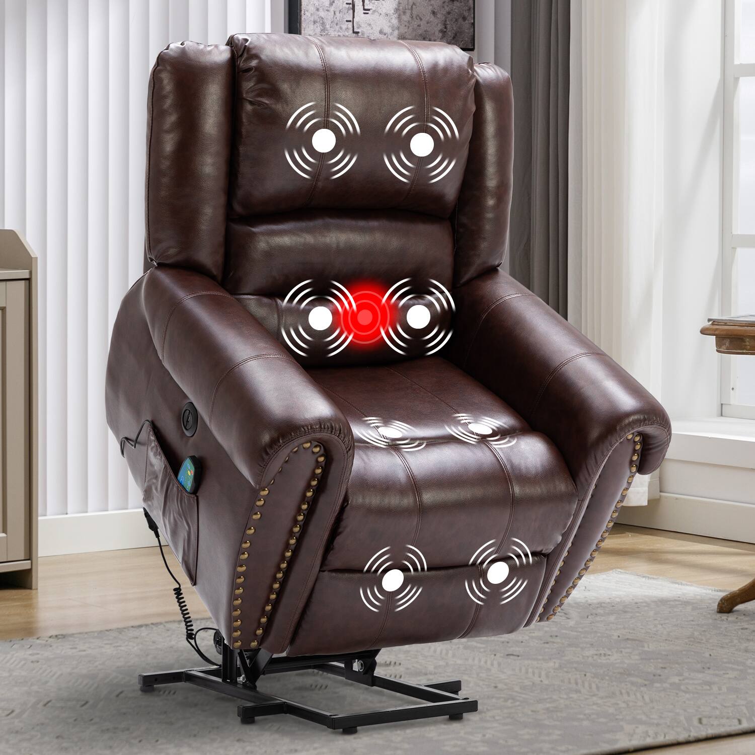 Bestier - Faux Leather Power Lift Massage Recliner with Heat and USB Port - Brown
