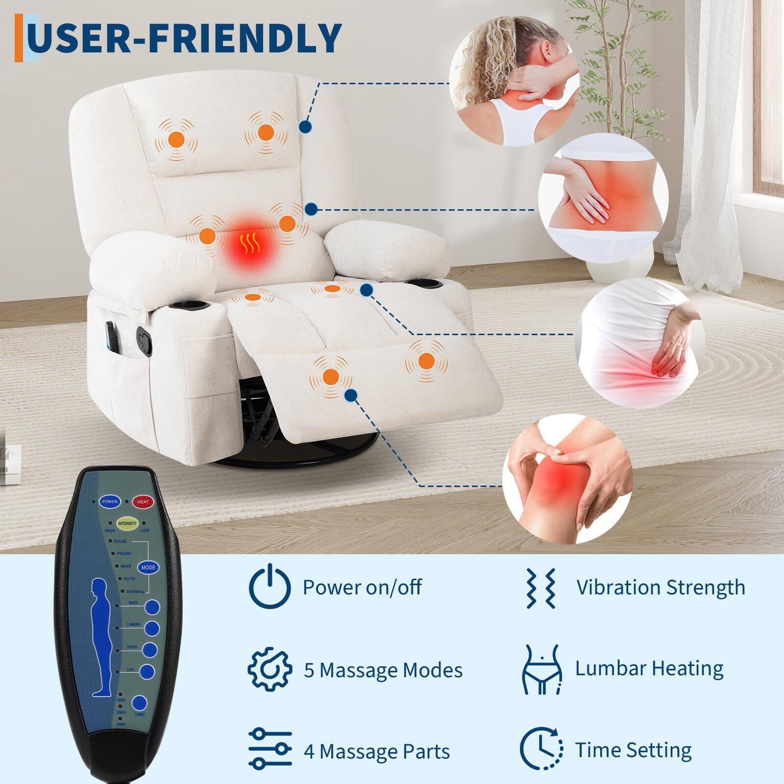 USER-FRIENDLY

- Power on/off
- Vibration Strength
- 5 Massage Modes
- Lumbar Heating
- 4 Massage Parts
- Time Setting
