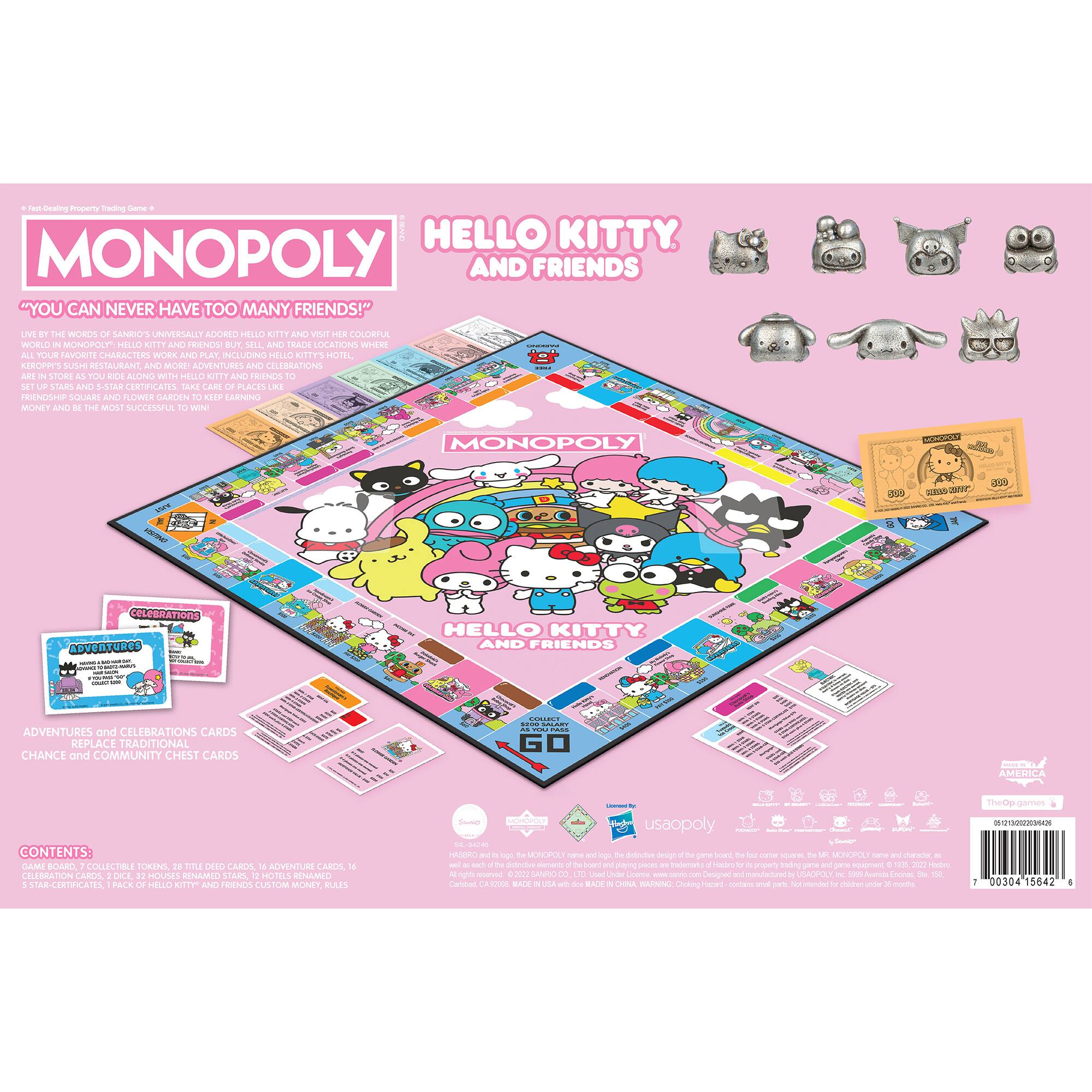 Group: Hello Kitty Monopoly and Friends

Corrected Text: You can never have too many friends! Live the colorful world of Hello Kitty and Friends with this special edition Monopoly game. Replace traditional Chance and Community Chest cards with Hello Kitty and Friends Adventures and Celebrations cards. Collect and trade Hello Kitty and Friends tokens, and enjoy the fun of the game with your favorite characters.
