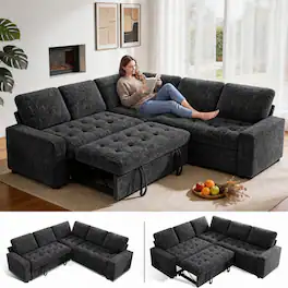 Dyonery - 80" 5 Seat Modular Sectional Couch Sofa with Pull Out Bed/USB Ports/Adjustable Backrest/Storage Seats for Living Room - Black