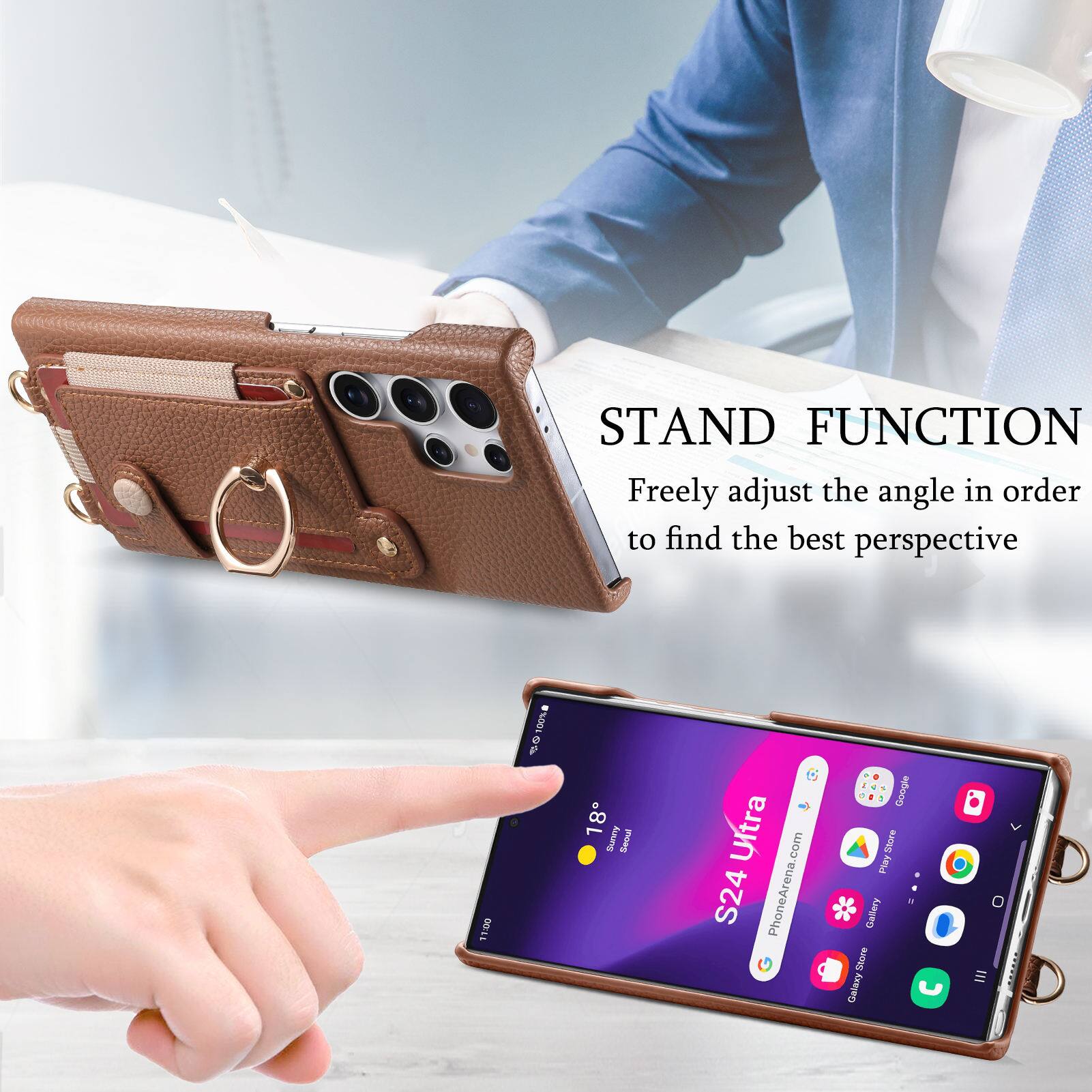 STAND FUNCTION  
Freely adjust the angle in order to find the best perspective

11:00 100%  
18 Sunny  
S24 Ultra  
PhoneArena.com  
Google  
Smore Play  
Gallery  
BUOUs  
Galaxy E 3