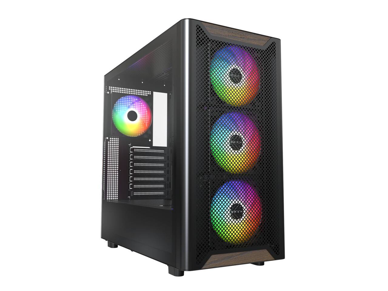 Angle. Montech - MONTECH XR Wood, Black Walnut Front, ATX Mid-Tower, Glass Side, 4x ARGB Fans, Black - Black.