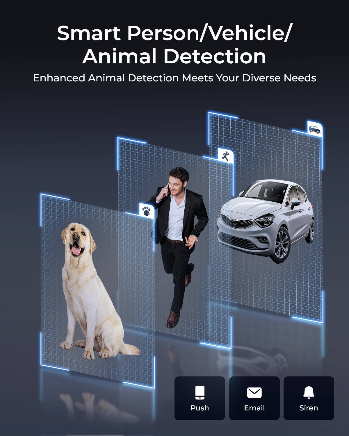 Smart Person/Vehicle/Animal Detection  
Enhanced Animal Detection Meets Your Diverse Needs  

Push  
Email  
Siren