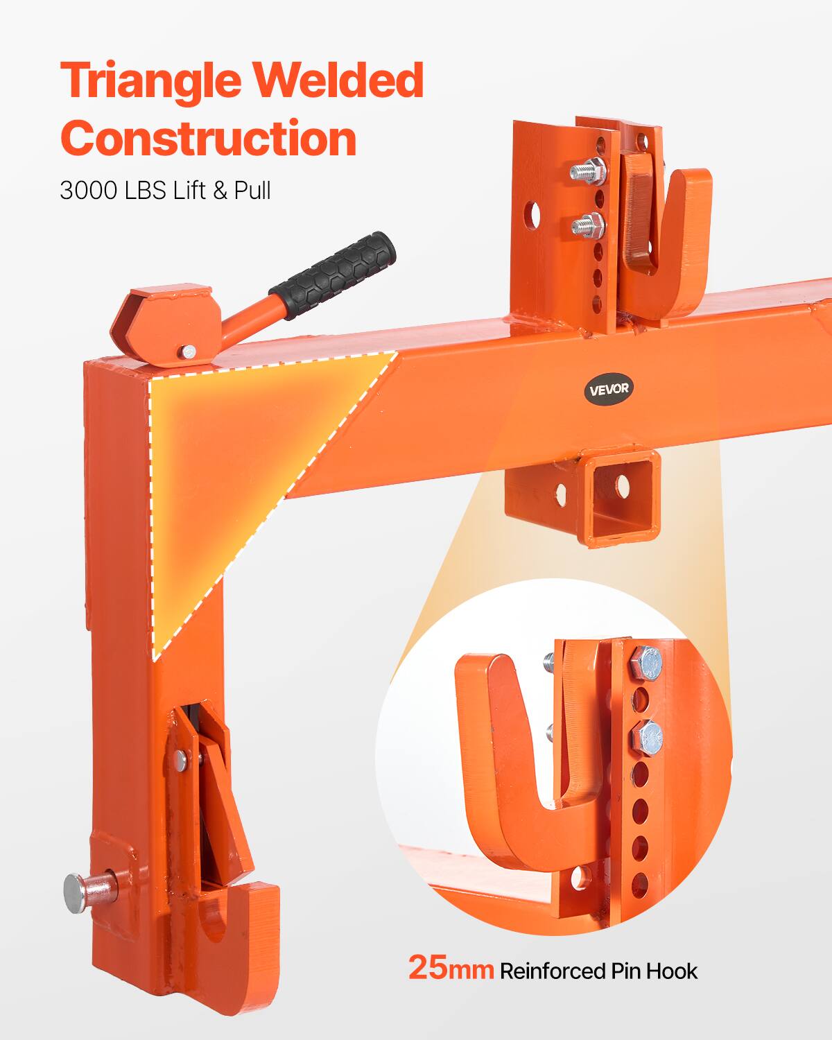 Triangle Welded Construction  
3000 LBS Lift & Pull  

25mm Reinforced Pin Hook  

VEVOR