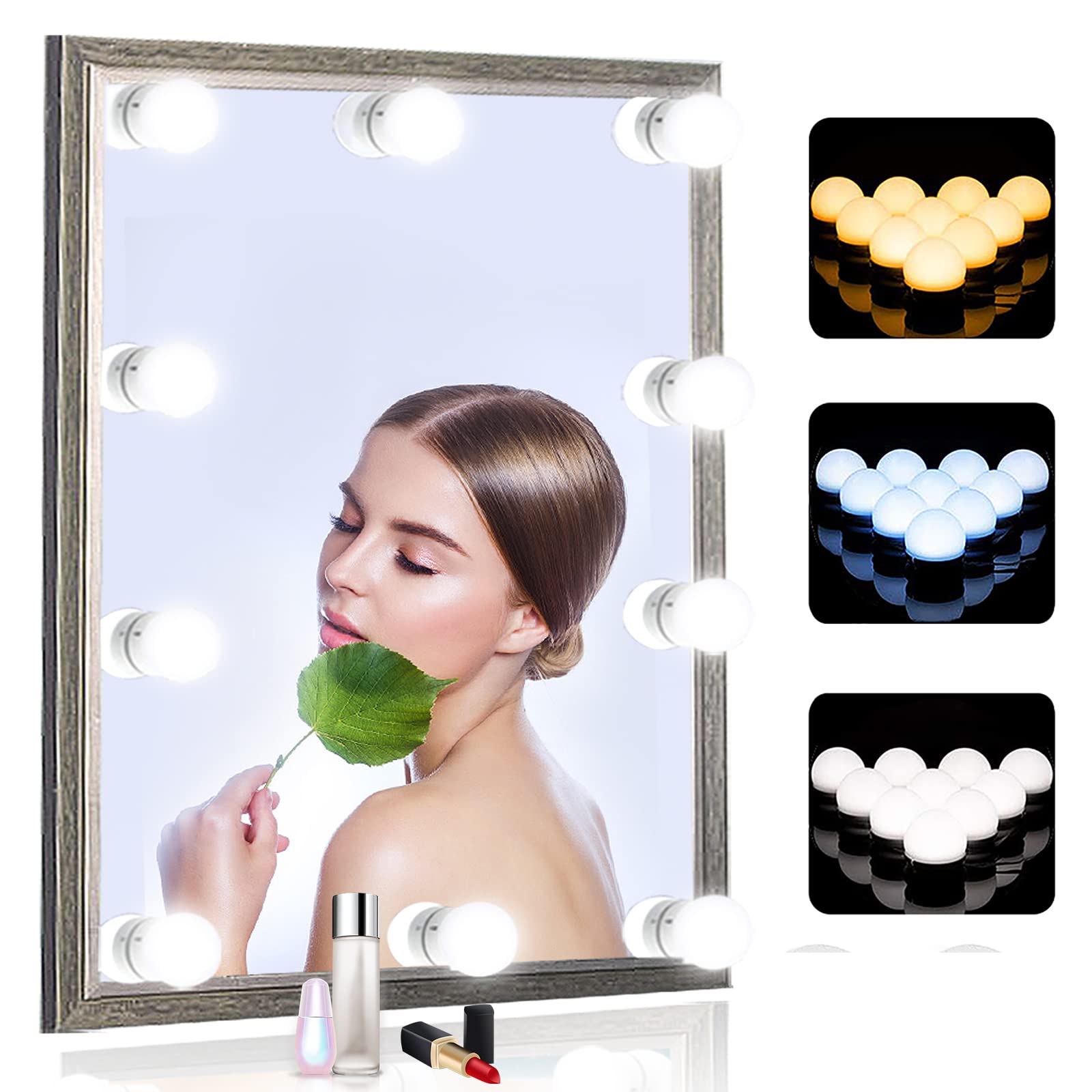 Front. Comfort Essence - Makeup Vanity Lights For Mirror Hollywood Style Led With Dimmable Bulbs Usb Cable - warm cold 10 bulbs.