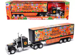 Kenworth W900 Truck with Graphics and Dry Van Trailer "Dia De Muertos" 1/32 Diecast Model by New Ray - Black