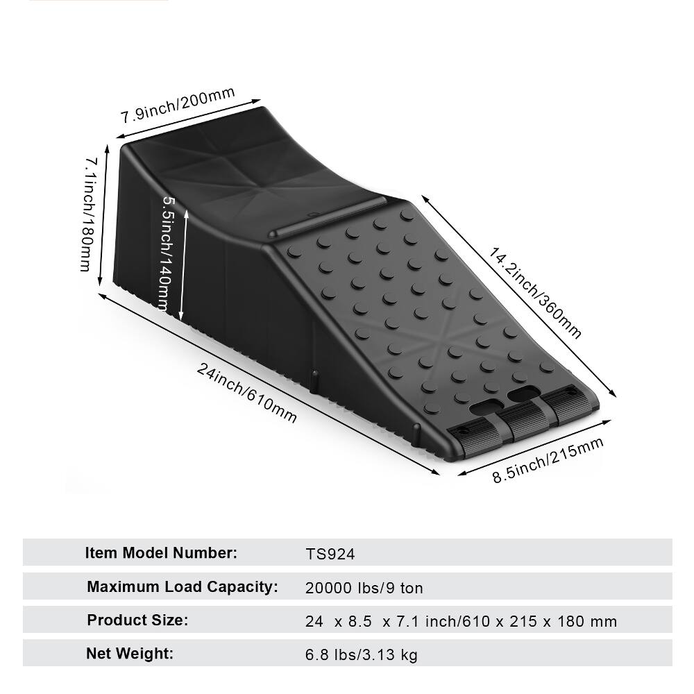 7.9 inch/200mm  
7.1 inch/180mm  
5.5 inch/140mm  
14.2 inch/360mm  
8.5 inch/215mm  

Item Model Number:  
TS924  

Maximum Load Capacity:  
20000 lbs/9 ton  

Product Size:  
24 x 8.5 x 7.1 inch/610 x 215 x 180 mm  

Net Weight:  
6.8 lbs/3.13 kg