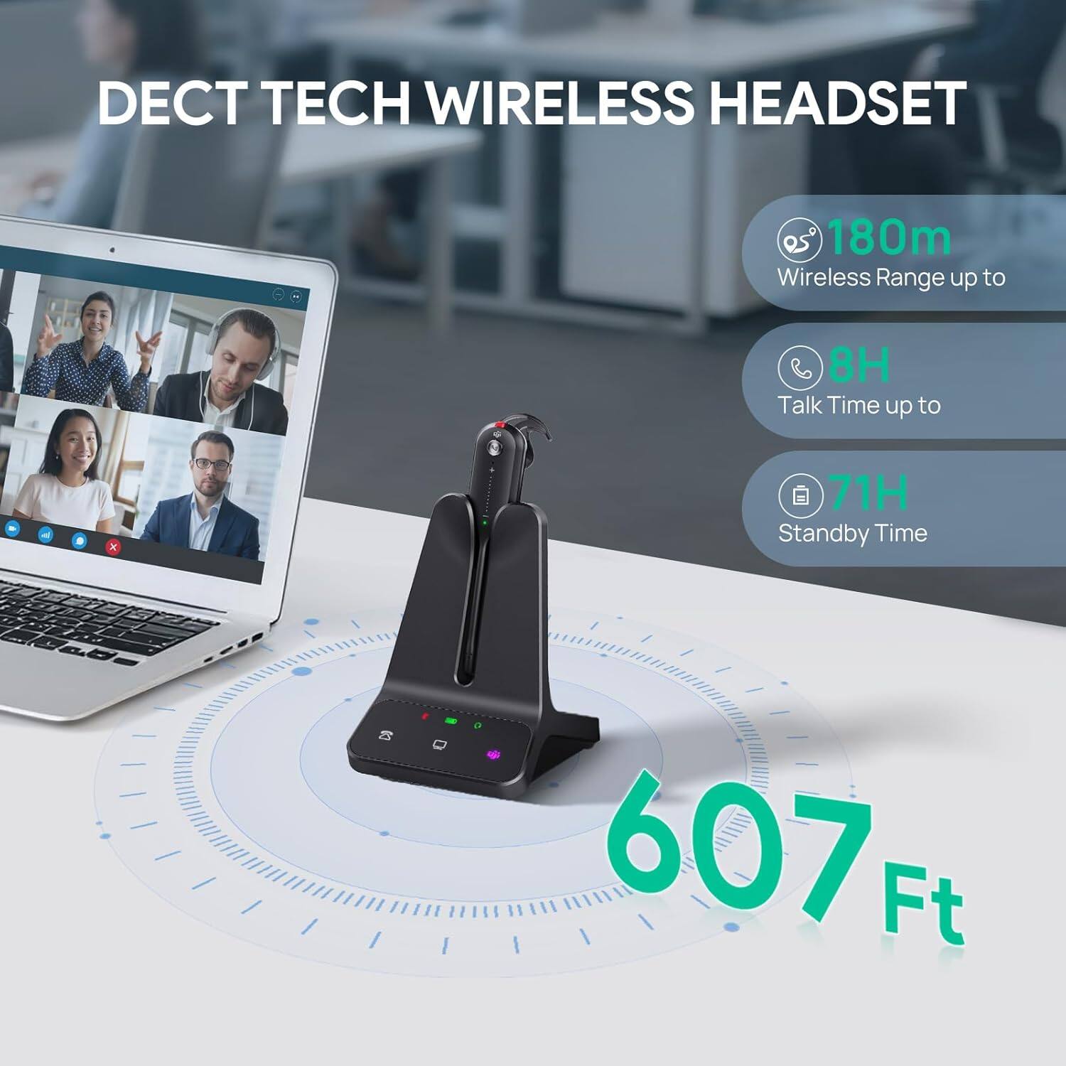 DECT TECH WIRELESS HEADSET

- Wireless Range up to 180m
- Talk Time up to 8H
- Standby Time up to 71H
- 607 Ft
