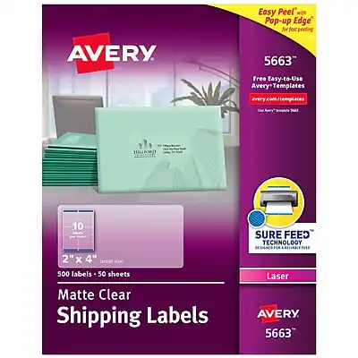 Easy Peel™ with Pop-up Edge for fast peeling
AVERY 5663™
Free Easy-to-Use Avery Templates
avery.com/templates
HILLFORD 10 2" x 4" Matte Clear Shipping Labels
500 labels - 50 sheets
SURE FEED™ TECHNOLOGY DESIGNED FOR Laser
Matte Clear Shipping Labels
AVERY 5663™