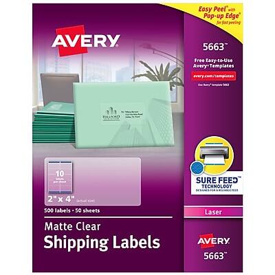 Easy Peel™ with Pop-up Edge for fast peeling

AVERY 5663™

Free Easy-to-Use Avery Templates
avery.com/templates

HILLFORD 10 2" x 4" Matte Clear Shipping Labels
500 labels - 50 sheets

SURE FEED™ TECHNOLOGY DESIGNED FOR Laser

Matte Clear Shipping Labels

AVERY 5663™