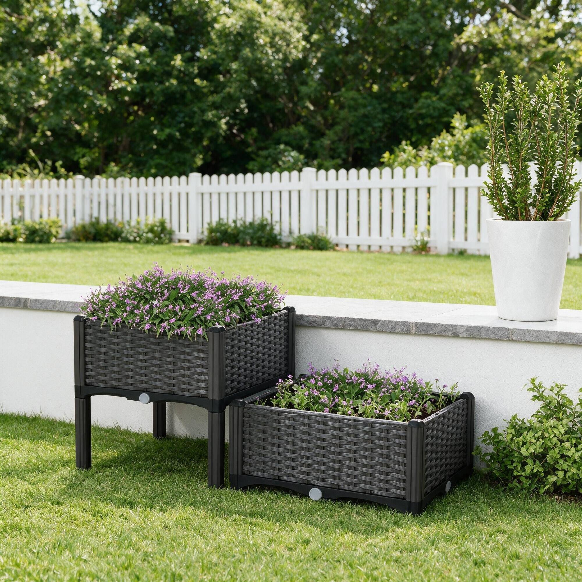 Back. RYHNUYNE - Outsunny Raised Garden Bed with Legs, Self-Watering Planter Box, Polypropylene Rattan Planter for Flowers, Herbs & - Matte Brown.