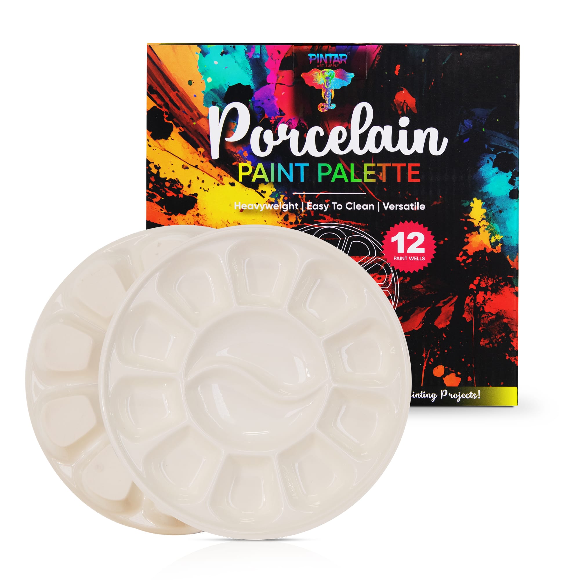 Pintar - Ceramic Watercolor Paint Palette Tray - 12 Well Round Ceramic Palette | 7 Inch Paint Pallet