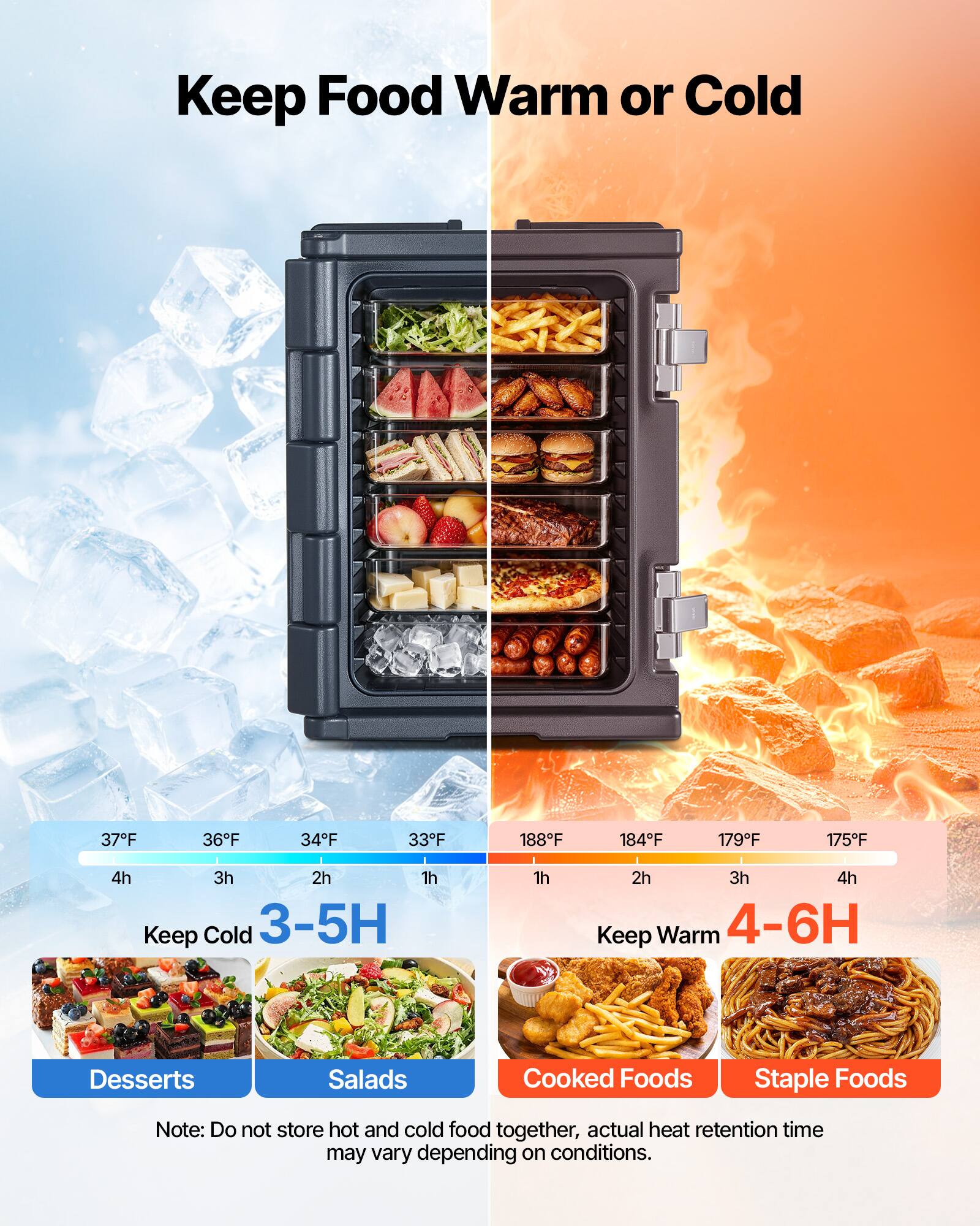 Keep Food Warm or Cold

37°F 36°F 34°F 33°F 188°F 184°F 179°F 175°F

4h 3h 2h 1h

Keep Cold 3-5H 1h 2h 3h 4h

Keep Warm 4-6H

Desserts Salads Cooked Foods Staple Foods

Note: Do not store hot and cold food together, actual heat retention time may vary depending on conditions.