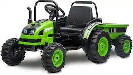Electrodes Masters - Kids Ride On Tractor with Trailer, 12V Battery Powered Electric Tractor with Remote Control, Music, USB, Led Lights - Green