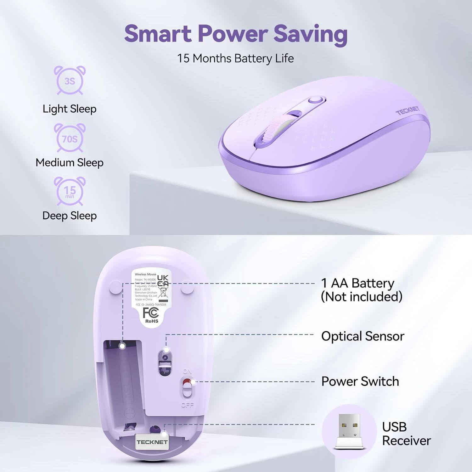 Smart Power Saving  
15 Months Battery Life

3S  
Light Sleep

70S  
Medium Sleep

15 min  
Deep Sleep

Winless Mouse MAX TE-MISSOG 1g UK EA Prequericy 2499 BLUX LADO Valuter Unicken feduology Calle Made China FOX 0 COMIC 0105006 FC RoHS

1 AA Battery (Not included)  
Optical Sensor  
Power Switch  
USB Receiver