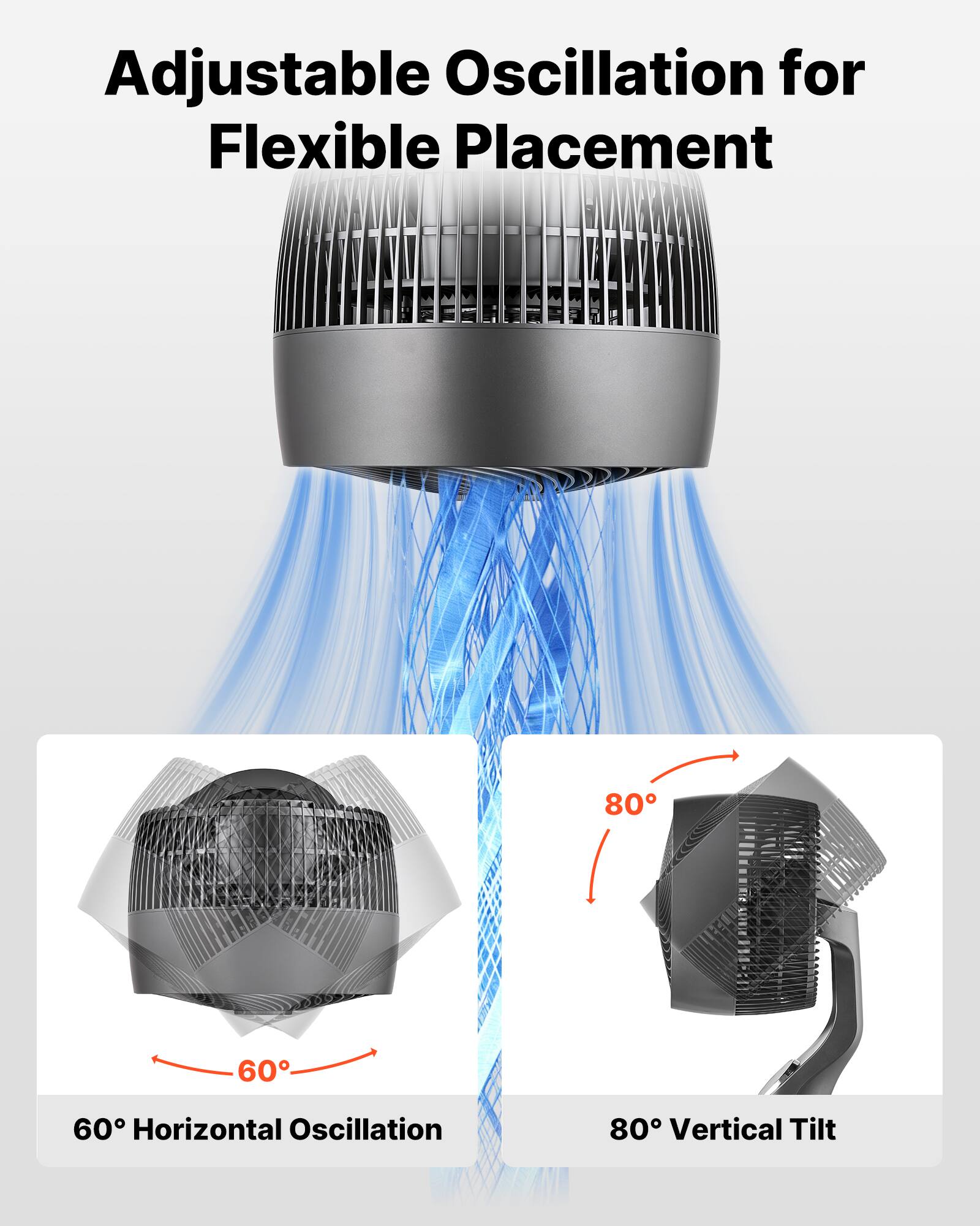 Adjustable Oscillation for Flexible Placement

60° Horizontal Oscillation

80° Vertical Tilt