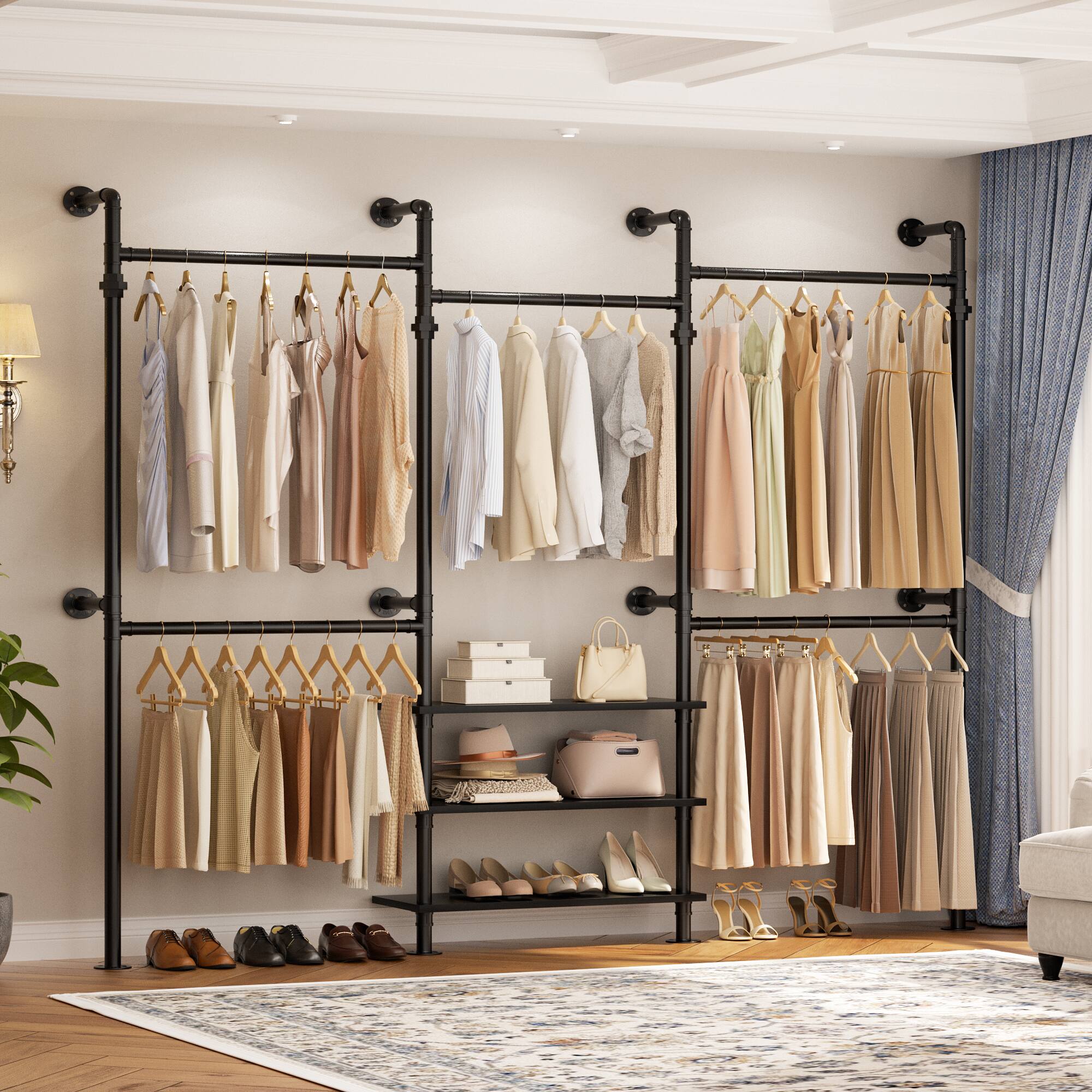 Angle. Aheaplus - Adjustable Wall-Mounted Metal Clothing Rack: 3-Tier Wood Shelves, 84"-128", 1000LB Capacity - Black.