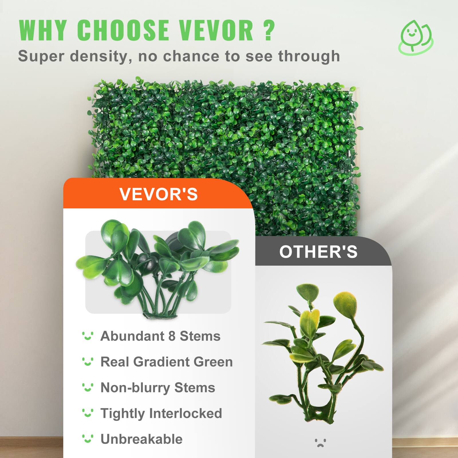WHY CHOOSE VEVOR? Super density, no chance to see through

VEVOR'S

Abundant 8 Stems
Real Gradient Green
Non-blurry Stems
Tightly Interlocked
Unbreakable

OTHER'S