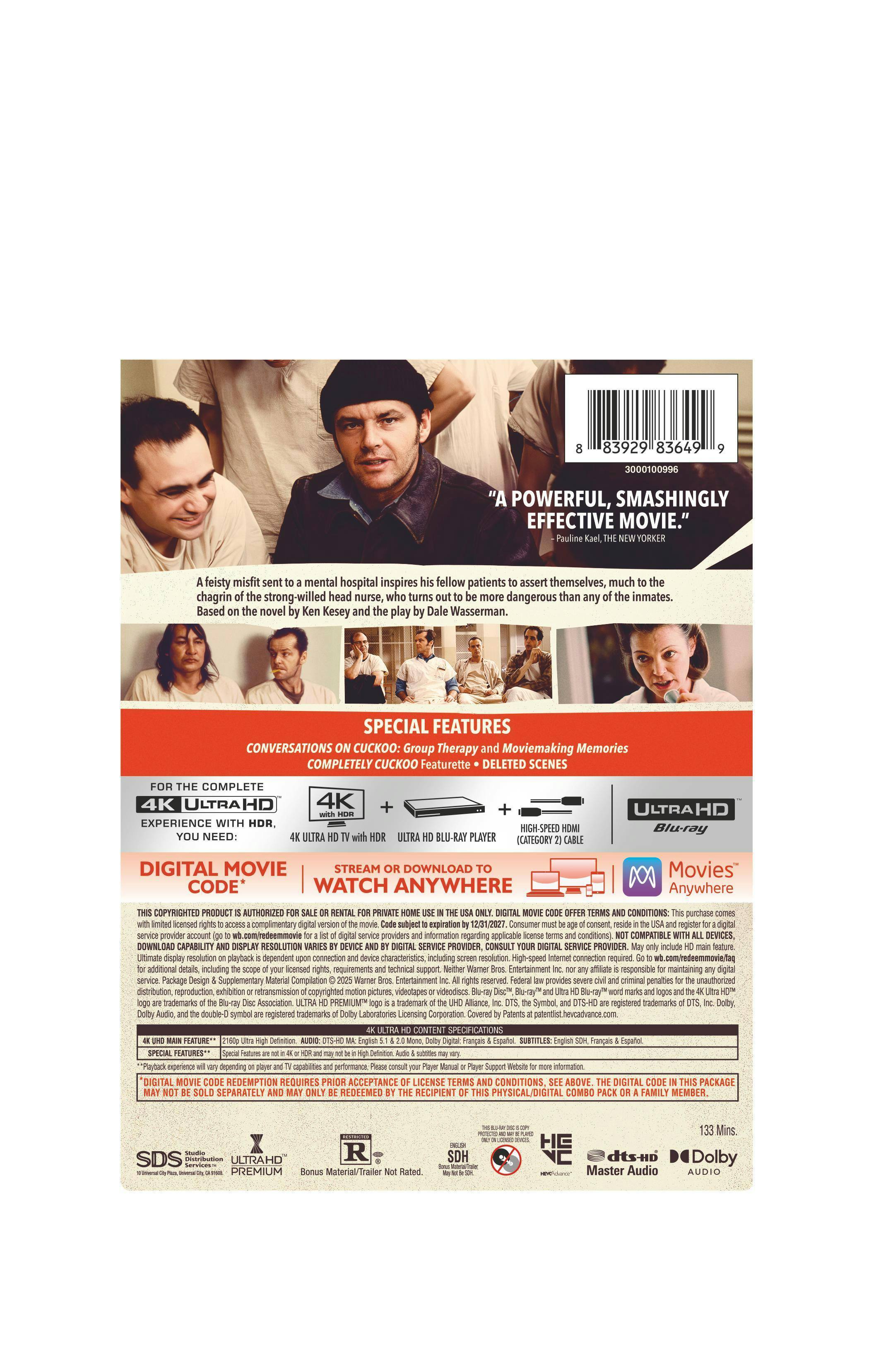 Back. One Flew Over the Cuckoo's Nest (Steelbook)   - 4K Blu-Ray.