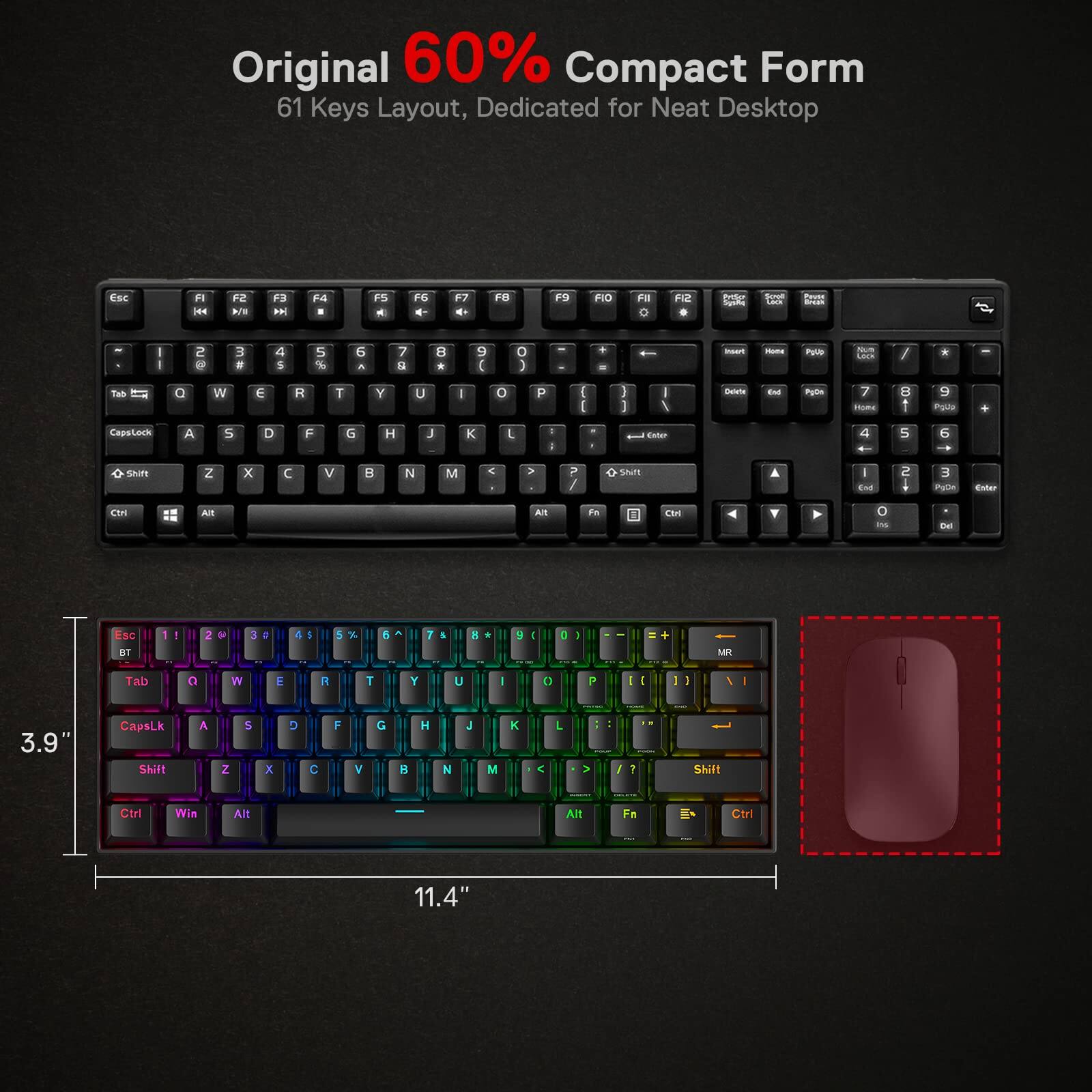 Original 60% Compact Form  
61 Keys Layout, Dedicated for Neat Desktop  

Esc FI F2 F3 F4 F5 F6 F7 F8 F9 F10 F11 F12  
1 2 3 4 5 6 7 8 9 0 - = Backspace  
Tab Q W E R T Y U I O P [ ] \  
CapsLock A S D F G H J K L ; ' Enter  
Shift Z X C V B N M , . / Shift  
Ctrl Win Alt Fn Ctrl  

3.9" x 11.4"  

Mouse (not to scale)