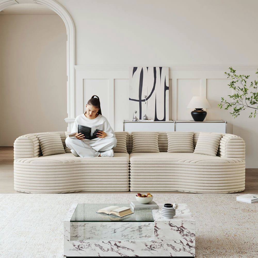 Angle. Kadyn - 106.3" Curved Sectional Sofa, 4-Seater Corduroy Cloud Couch with 6 Pillows and Memory Foam - Beige.