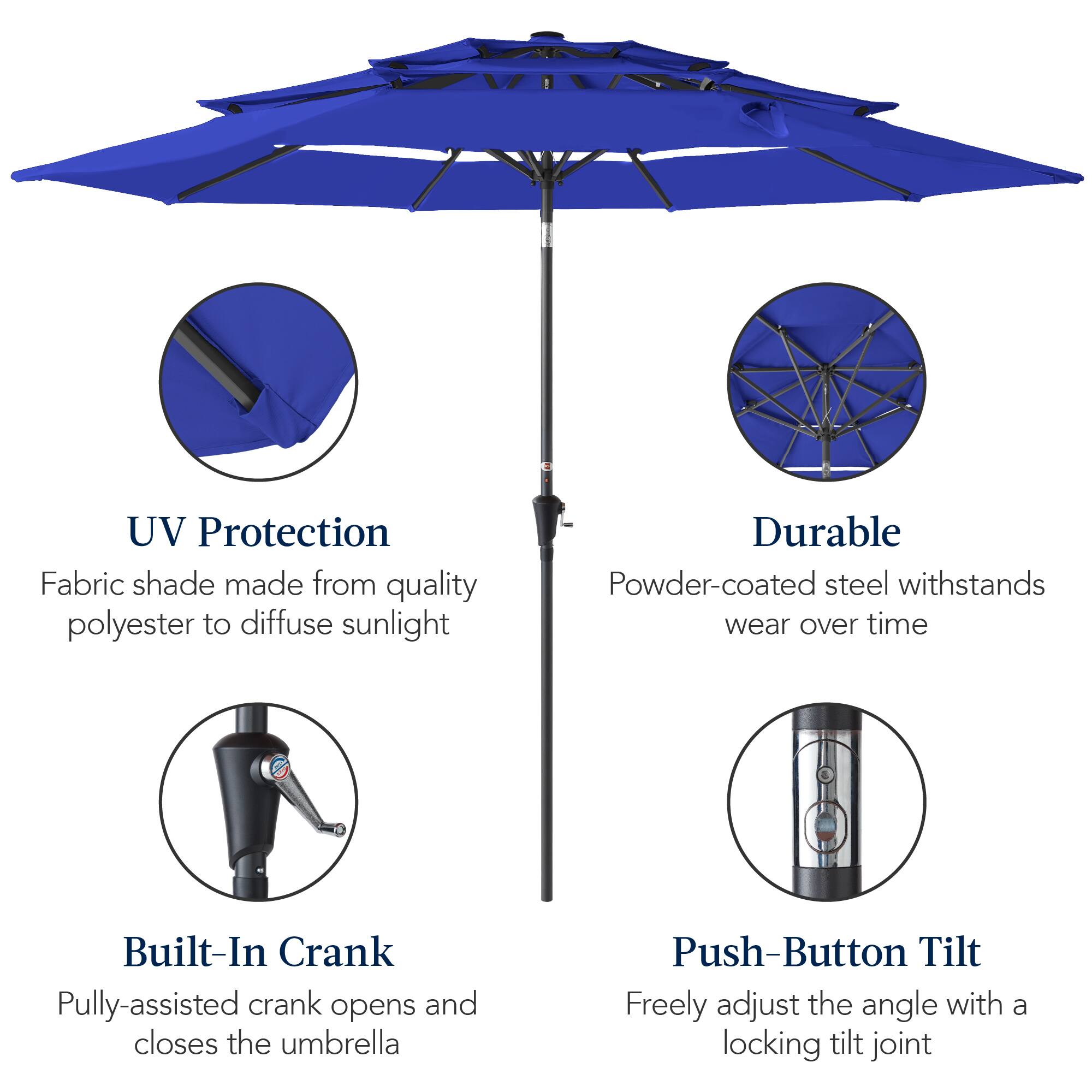 UV Protection Fabric shade made from quality polyester to diffuse sunlight. Durable Powder-coated steel withstands wear over time. Built-In Crank: Pulley-assisted crank opens and closes the umbrella. Push-Button Tilt: Freely adjust the angle with a locking tilt joint.