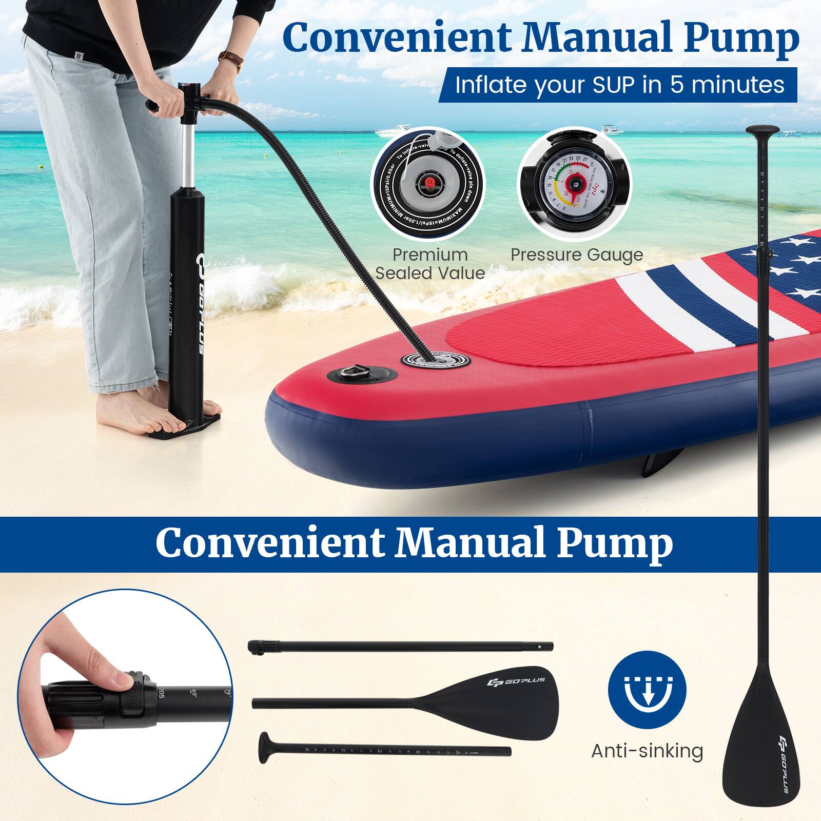 Convenient Manual Pump: Inflate your SUP in 5 minutes. 1: SOPLUS Premium Pressure Gauge Sealed Value. Convenient Manual Pump. Anti-sinking.