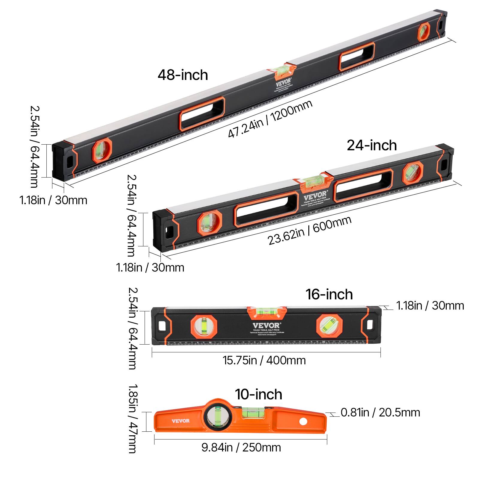 - 48-inch: 2.54in / 64.4mm, 1.18in / 30mm, 47.24in / 1200mm
- 24-inch: 2.54in / 64.4mm, 1.18in / 30mm, 23.62in / 600mm
- 16-inch: 2.54in / 64.4mm, 1.18in / 30mm, 15.75in / 400mm
- 10-inch: 1.85in / 47mm, 0.81in / 20.5mm, 9.84in / 250mm